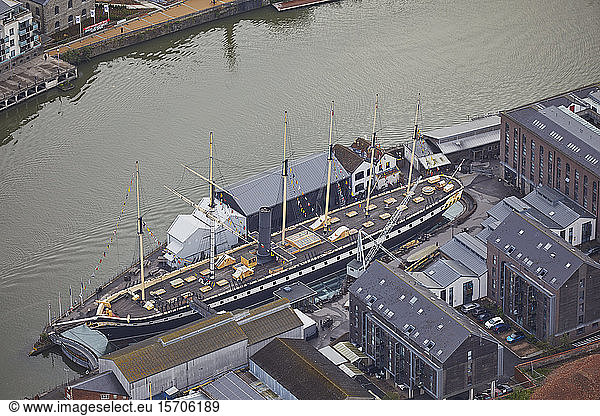 An aerial view of the SS Great Britain  the world's first propeller-driven steam ship  in dock in Bristol  England  United Kingdom  Europe