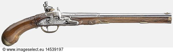 An air pistol  Johann Eich in Bad Homburg  dated 1735. Round barrel with a brass lined bore in 10 mm calibre  the signature  'J.E. A. HOMBURG' engraved on the barrel rib  and scrollwork engraved on the breech. Engraved flintlock with an additional signature. Lightly carved walnut stock with engraved brass furniture. The butt stock with screw-on air reservoir are contemporary and fit  but presumably not original. Wooden ramrod with horn tip. Length 52 cm. Johann Wilhelm Eich (1689 to after 1735) worked in Homburg and Mainz. Cf. StÃ¶ckel  p. 336. historic  historical  18th century  pneumatic weapon  weapons  arms  weapon  arm  gun  guns  military  militaria  object  objects  stills  clipping  clippings  cut out  cut-out  cut-outs