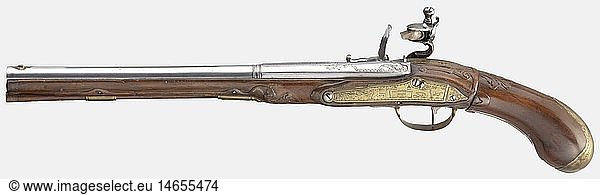 An air pistol  Johann Eich in Bad Homburg  dated 1735. Round barrel with a brass lined bore in 10 mm calibre  the signature  'J.E. A. HOMBURG' engraved on the barrel rib  and scrollwork engraved on the breech. Engraved flintlock with an additional signature. Lightly carved walnut stock with engraved brass furniture. The butt stock with screw-on air reservoir are contemporary and fit  but presumably not original. Wooden ramrod with horn tip. Length 52 cm. Johann Wilhelm Eich (1689 to after 1735) worked in Homburg and Mainz. Cf. StÃ¶ckel  p. 336. historic  historical  18th century  pneumatic weapon  weapons  arms  weapon  arm  gun  guns  military  militaria  object  objects  stills  clipping  clippings  cut out  cut-out  cut-outs