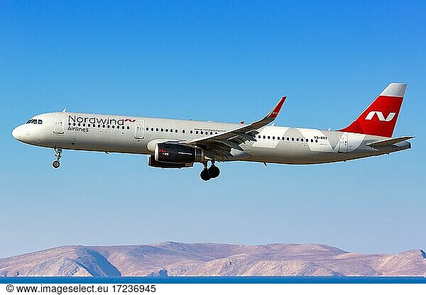 An Airbus A321 aircraft of Nordwind Airlines with registration number VQ-BRT lands at Heraklion airport  Greece  Europe