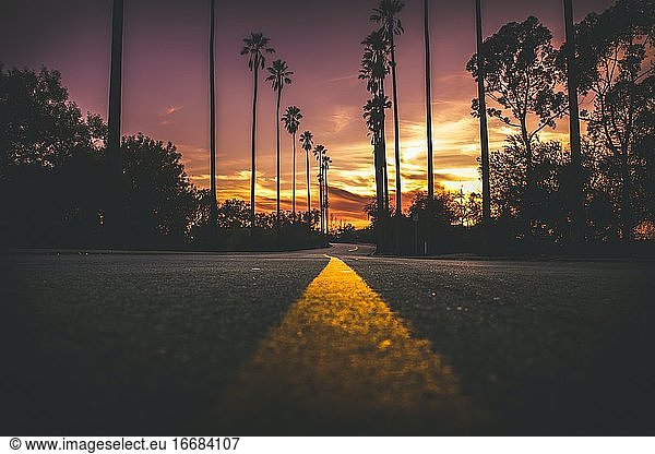 An Amazing Empty Street Scene During Sunrise Or Sunset Of An Urban Cit