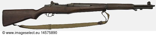 An American semi-automatic rifle Garand M1  from an early production of Springfield armory in 1942  calibre 30/06  serial number 911390. With its cloth sling and original bluing. historic  historical  1930s  20th century  firearm  fire arm  gun  fire arms  firearms  guns  weapon  arms  weapons  arms  object  objects  stills  clipping  clippings  cut out  cut-out  cut-outs
