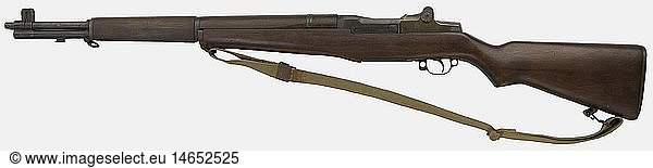 An American semi-automatic rifle Garand M1  from an early production of Springfield armory in 1942  calibre 30/06  serial number 911390. With its cloth sling and original bluing. historic  historical  1930s  20th century  firearm  fire arm  gun  fire arms  firearms  guns  weapon  arms  weapons  arms  object  objects  stills  clipping  clippings  cut out  cut-out  cut-outs