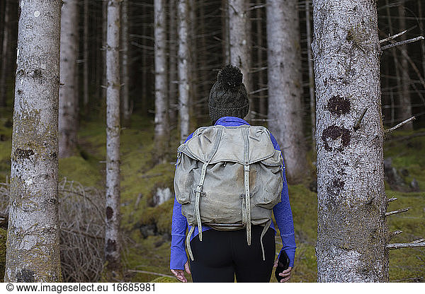 An anonymous hiker walking into the deep dark forest
