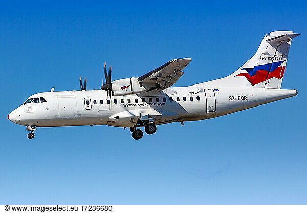 An ATR 42-500 aircraft of Sky Express with registration SX-FOR lands at Heraklion airport  Greece  Europe