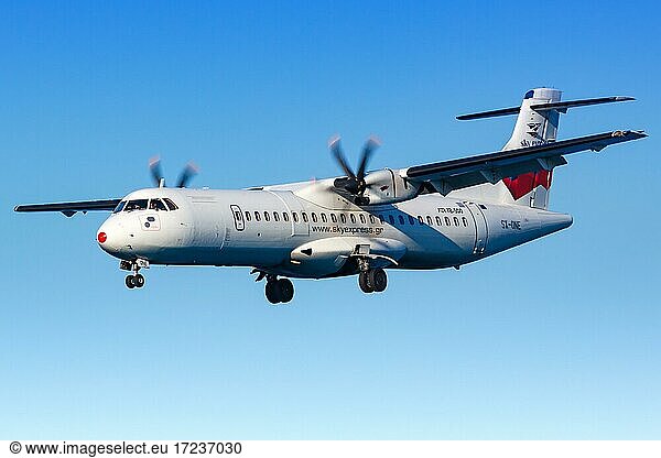 An ATR 72-500 aircraft of Sky Express with registration SX-ONE lands at Heraklion airport  Greece  Europe