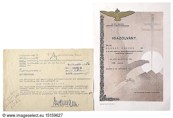 An award document for the Hungarian Pilot's Badge dating from November 1942  including a transmittal letter. historic  historical  Air Force  branch of service  branches of service  armed service  armed services  military  militaria  air forces  object  objects  stills  clipping  clippings  cut out  cut-out  cut-outs  20th century