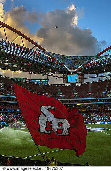 An Eagle  the hometeam's mascot  flies over SL Benfica Stadium to commemorate Football match  Lisbon  Portugal