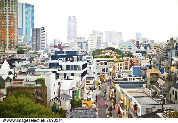 An elevated view of Harajuku District of Tokyo. Downtown.
