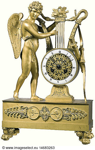An Empire mantelpiece clock  Lesieur  Paris  circa 1810. Fire gilded bronze. A cupid playing a lyre with bow and quiver on a relief decorated base. Lion paw feet. Signed works and enameled dial. Strikes a bell. (Not tested for function. Pendulum does not belong. Bell loose  key missing). Fine workmanship. Width 23 cm. historic  historical  19th century  handicrafts  handcraft  craft  object  objects  stills  clipping  clippings  cut out  cut-out  cut-outs
