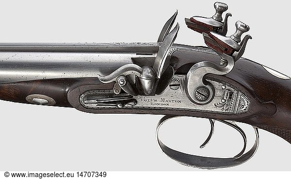 An English double-barrelled flintlock pistol  Joseph Manton  London  circa 1790. Smooth-bore barrel group in 14.5 mm calibre with distinct  sparsely engraved midrib and brass-filled marks on top. Patent breechblocks and an also engraved tang. Platinum-bushed vent holes. Engraved flintlocks with rainproof pans  frizzens on rollers and sliding safeties. Spring-loaded triggers. Walnut half stock with iron furniture  decorated en suite. On the trigger guard the number '6438'. Wooden ramrod with bone tip. Length 39 cm  historic  historical  18th century  civil handgun  civil handguns  handheld  gun  guns  firearm  fire arm  firearms  fire arms  weapons  arms  weapon  arm  object  objects  stills  clipping  clippings  cut out  cut-out  cut-outs