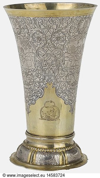 An engraved Frankfurt beaker  Master Johann Peter Beyer  circa 1740 Silver  partially gilt. Foil-curved foot with engraved decorative tendrils. Slender  to the top conically widening body. On all sides richly engraved with three cartouches with scenes from the New Testament  above each one a portrait cartouche. Lavish framing of decorative scrolls and tendrils. At the lower rim high-grade  engraved English owner's name from the 19th century  consisting of a coat of arms  mirrored monogram and small grotesque scene. On the bottom stamped 'IPB' next to proofmark of Frankfurt. Height 16.5 cm  weight 138 g. Johann Peter Beyer  born circa 1697  became master in Frankfurt on the Main in 1729. fine arts  18th century  handicrafts  handcraft  craft  object  objects  stills  clipping  clippings  cut out  cut-out  cut-outs  vessel  vessels