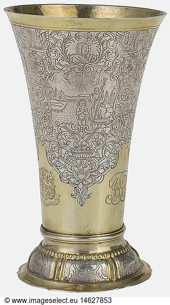 An engraved Frankfurt beaker  Master Johann Peter Beyer  circa 1740 Silver  partially gilt. Foil-curved foot with engraved decorative tendrils. Slender  to the top conically widening body. On all sides richly engraved with three cartouches with scenes from the New Testament  above each one a cartouche. Lavish framing of decorative scrolls and tendrils. At the lower rim high-grade  engraved English owner's name from the 19th century  consisting of a coat of arms  mirrored monogram and small grotesque scene. On the bottom stamped 'IPB' next to proofmark of Frankfurt. Height 16.5 cm  weight 138 g. Johann Peter Beyer  born circa 1697  became master in Frankfurt on the Main in 1729. historic  historical  18th century  handicrafts  handcraft  craft  object  objects  stills  clipping  clippings  cut out  cut-out  cut-outs  vessel  vessels