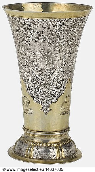 An engraved Frankfurt beaker  Master Johann Peter Beyer  circa 1740 Silver  partially gilt. Foil-curved foot with engraved decorative tendrils. Slender  to the top conically widening body. On all sides richly engraved with three cartouches with scenes from the New Testament  above each one a cartouche. Lavish framing of decorative scrolls and tendrils. At the lower rim high-grade  engraved English owner's name from the 19th century  consisting of a coat of arms  mirrored monogram and small grotesque scene. On the bottom stamped 'IPB' next to proofmark of Frankfurt. Height 16.5 cm  weight 138 g. Johann Peter Beyer  born circa 1697  became master in Frankfurt on the Main in 1729. historic  historical  18th century  handicrafts  handcraft  craft  object  objects  stills  clipping  clippings  cut out  cut-out  cut-outs  vessel  vessels