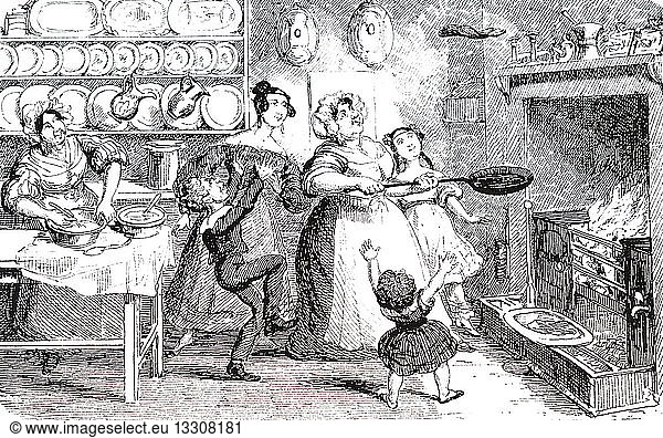 An engraving depicting a woman tossing pancakes