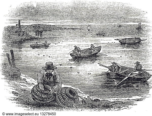 An engraving depicting crab fishers examining their creels