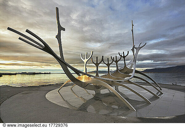 An evening view of the Suncraft sculpture on the seafront at Reykjavik  Iceland  Polar Regions