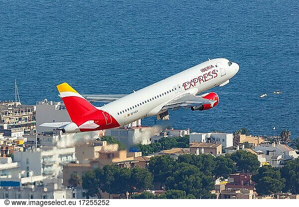 An Iberia Express Airbus A320 with the registration EC-LEA takes off from Palma de Majorca Airport  Spain  Europe