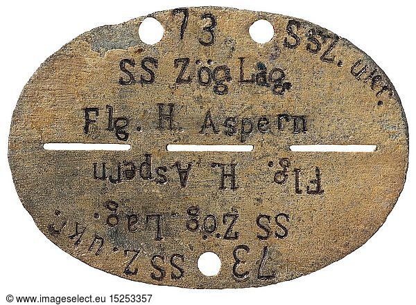 An identification tag airbase Wien-Aspern Feinzink (migriert) mit vs. Bezeichnung 'Flg. H. Aspern - SS ZÃ¶g. Lag. - 73'  rs. ohne Markung. historic  historical  Air Force  branch of service  branches of service  armed service  armed services  military  militaria  air forces  object  objects  stills  clipping  clippings  cut out  cut-out  cut-outs  20th century