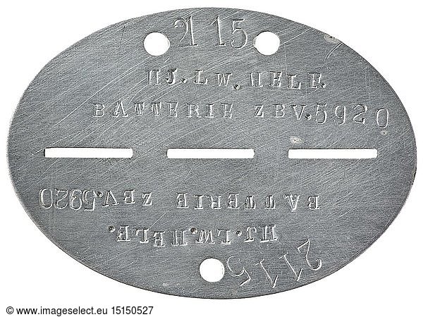 An identification tag of a Hilter Youth Luftwaffe auxiliary Aluminium mit vs. Bezeichnung '2115 - HJ.Lw. Helf. Batterie zbV. 5920'  rs. ohne Markung. historic  historical  Air Force  branch of service  branches of service  armed service  armed services  military  militaria  air forces  object  objects  stills  clipping  clippings  cut out  cut-out  cut-outs  20th century