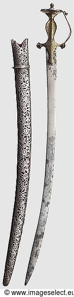 An Indian gold-inlaid tulwar with silver scabbard  19th century Slightly curved (somewhat stained) single-edged wootz-Damascus blade with a broader  double-edged point. Iron knuckle-bow hilt with gold-inlaid floral designs. Velvet-covered wooden scabbard with heavy  openwork silver covering adorned with floral designs. Length 86 cm  historic  historical  19th century  thrusting  thrustings  blade  blades  melee weapon  melee weapons  hand weapon  hand weapons  handheld  weapon  arms  weapons  arms  object  objects  stills  clipping  clippings  cut out  cut-out  cut-outs