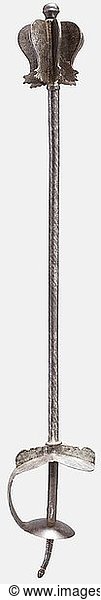 An Indian mace (gurz)  18th century Head with eight flanges  helically cut shaft (somewhat worn by cleaning). Grip with massive hand guard and slightly curved spike pommel. Surface with patina. Length 78 cm. historic  historical  18th century  object  objects  stills  clipping  clippings  cut out  cut-out  cut-outs  weapon  arms  weapons  arms