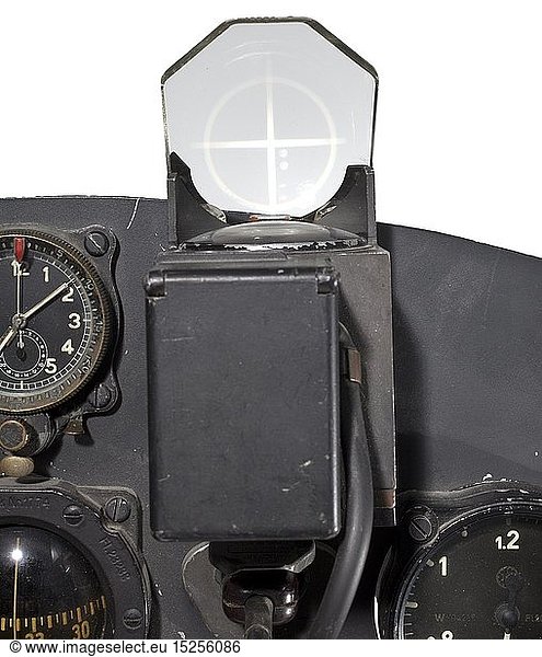 An instrument panel of the Me 109E 'Emil' fighter plane True to original reproduction of the frontal panelling using ORIGINAL instruments and switches (20 pieces) of the legendary German fighter aircraft. The above attached reflector sight (Revi  FL.52940) has new electric cables and can be operated by using a nominal voltage of 220 V. The pointed-post reticule can clearly be seen through the original Revi screen (FL.52271) which can be slid open. The standard and precision altimeter (FL.22320) as well as the airspeed indicator (FL.22230) are also functional (by means of a pressure hose). Additionally the following instruments have been integrated  among others: board clock  manifold pressure gauge  airspeed indicator  turn and bank indicator  RPM meter - all of them request-marked. The instruments in various conditions. Not all instruments 20th century