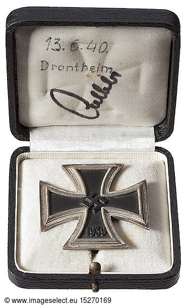 An Iron Cross 1st Class in its original case. The inner lid with inscription '13.6.40. Drontheim' and with Gollob's signature. historic  historical  Air Force  branch of service  branches of service  armed service  armed services  military  militaria  air forces  object  objects  stills  clipping  clippings  cut out  cut-out  cut-outs  20th century