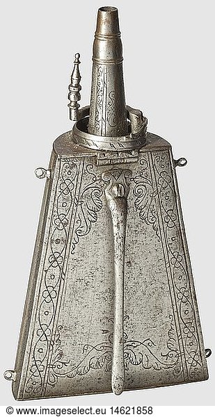 An Italian iron powder flask  probably Brescia  circa 1600. Semi-circular  slightly tapered body. The front side shows fine longitudinal grooves  between them bands with engraved tendril decoration. Engraved reverse side with screw-fastened carrying clasp. Four suspension loops on the sides. Fluted and engraved spout with lavishly chiselled and engraved closure lever. Height 21 cm  historic  historical  17th century  powder flask  accessory  accessories  military  militaria  object  objects  stills  utilities  utility  clipping  clippings  cut out  cut-out  cut-outs  utensil  piece of equipment  utensils