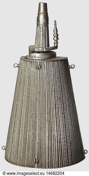 An Italian iron powder flask  probably Brescia  circa 1600. Semi-circular  slightly tapered body. The front side shows fine longitudinal grooves  between them bands with engraved tendril decoration. Engraved reverse side with screw-fastened carrying clasp. Four suspension loops on the sides. Fluted and engraved spout with lavishly chiselled and engraved closure lever. Height 21 cm  historic  historical  17th century  powder flask  accessory  accessories  military  militaria  object  objects  stills  utilities  utility  clipping  clippings  cut out  cut-out  cut-outs  utensil  piece of equipment  utensils