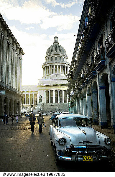 An old car parked in Havana street near capitol  Havana  Cuba.