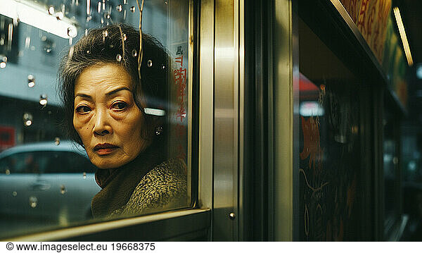An older Asian woman looking through a city window