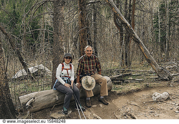 An older couple enjoy a hike in Rocky Mountain National Park  Colorado