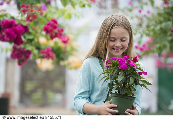 An organic flower plant nursery. A young girl holding a flowering plant.