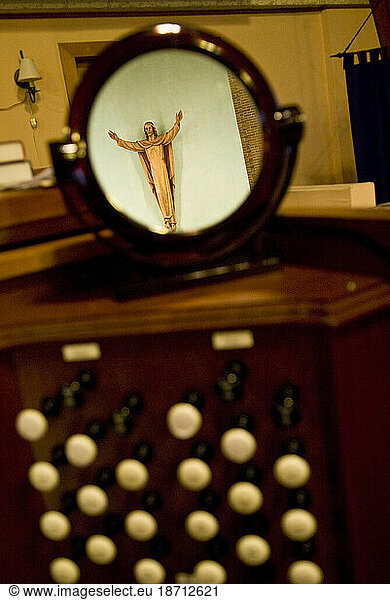 An organist's mirror reflects Jesus at St. Andrew's Episcopal Church in Uptown  New Orleans.
