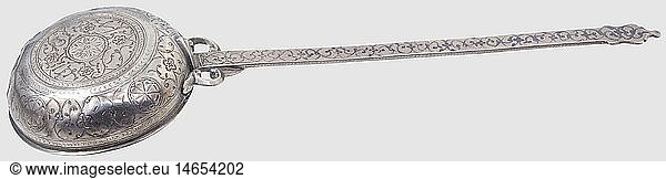 An Ottoman gold-inlaid kilij  circa 1840. Massive 17th century wootz-Damascus single-edged blade  widening slightly at the point  with foliage designs inlaid in gold on the obverse side of the forte above a gold-inlaid cartouche and a long (rubbed) inscription panel. Brass cross-piece with relief decoration and rhinoceros horn grip scales carved at the pommel with floral designs. Wooden scabbard covered with shagreen leather stitched with silver wire. Gilded brass locket and suspension bar engraved with floral designs. Iron chape with gold-inlaid floral designs. Mountings somewhat soiled. Cross-piece loose. Length 101 cm  historic  historical  19th century  Ottoman Empire  object  objects  stills  clipping  clippings  cut out  cut-out  cut-outs  fine arts  art  artful