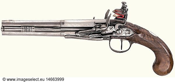 An over-and-under flintlock pistol  from the armoury of Karl Friedrich  Grand Duke of Baden  G. Lichtenfels in Karlsruhe  circa 1780. Octagonal barrels merging to round with smooth bores in 11 mm calibre. Silver front sights. The tops of the barrels are signed  'C. Lichtenfels Carlsruhe'. Lightly engraved locks with exterior cock springs and slide safeties. The signature is repeated on the lower edges. Belt hook mounted with screws on the left side. One trigger  the cocks release one after the other with increasing trigger pressure. Lightly carved walnut stock. Silver escutcheon bearing the crowned cipher 'CF'. Side mounted iron ramrod. Length 34 cm. Iohann Georg Lichtenfels  known circa 1800  Court Gunsmith in Karlsruhe. Cf. StÃ¶ckel p. 710. Karl Friedrich  Grand Duke of Baden (1728 - 1811) reigned for 60 years (1746 - 1806) as an enlightened absolute ruler  and his clever policies enabled him to substantially enlarge historic  historical  19th century  18th century  civil handgun  civil handguns  handheld  gun  guns  firearm  fire arm  firearms  fire arms  weapons  arms  weapon  arm  object  objects  stills  clipping  clippings  cut out  cut-out  cut-outs
