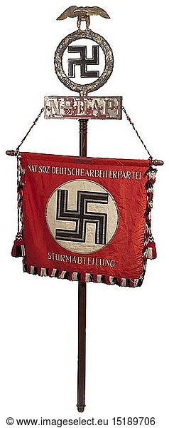 An SA 'Salzkammergut' banner Banner cloth of red silk with black/white/red fringes on the outer and lower edges  and tassels in black  white and red. At the top  a pocket to insert the mounting pole. On both sides a white disc with a horizontal swastika in black  offset with silver braiding  the motto 'Deutschland Erwache' (tr. 'Germany Awake') embroidered in white on the front  and 'Nat. Soz. Deutsche Arbeiterpartei' and 'Sturmabteilung' (tr. 'Storm Battalion') on the back. Dimensions circa 70 x 70 cm. The banner finial silver-plated and gilded  the soldered swastika in the centre painted black. The socket bearing the founding date '1923' on the front and manufacturer's mark 'Otto Gahr' on the reverse  the hollow wrought banner case retaining approximately 50% of its original red paint  the lettering 'Salzkammergut' in gold  with 'NSDAP' on the back  the banner staff made in two parts with brass ribbons (originally silver plated). Height 220 cm. Extremely 20th century