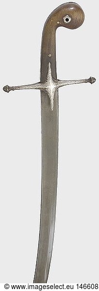An silver-mounted Ottoman kilij with suspension  circa 1800 Blade with wide fullers on both sides  a reinforced back  and a broad double-edged point. Quillons engraved with geometric designs. Chased silver grip strap with floral designs. Riveted rhinoceros horn grip scales. Wooden scabbard covered with shagreen leather sewn with silver wire and with silver mountings bearing embossed floral designs. A serpent-shaped monster on the two suspension bars. Silver is darkened  chape has dents  the locket is slightly dented at the opening. Length 100 cm. The attached  partially leather-backed  silk suspension with two tassels and round strap segments. historic  historical  19th century  Ottoman Empire  thrusting  thrustings  hand weapon  hand weapons  melee weapon  melee weapons  handheld  blade  blades  weapon  arms  weapons  arms  object  objects  stills  clipping  clippings  cut out  cut-out  cut-outs