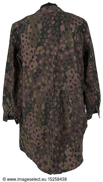An SS paratrooper's smock  pea-dot camouflage pattern Cotton cloth production circa 1944  imprinted with 'Erbstarn' (pea-dot) camouflage pattern. Covered button fly  Bakelite buttons  zippers  sleeves with Prym push buttons  stitched-on pistol holster. Correct style SS eagle  factory-applied. Grey-green inner liner size stamped I. Original piece  one of the rarest SS camouflage uniform items. USA-Los historic  historical  20th century  1930s  1940s  Waffen-SS  armed division of the SS  armed service  armed services  NS  National Socialism  Nazism  Third Reich  German Reich  Germany  military  militaria  utensil  piece of equipment  utensils  object  objects  stills  clipping  clippings  cut out  cut-out  cut-outs  fascism  fascistic  National Socialist  Nazi  Nazi period