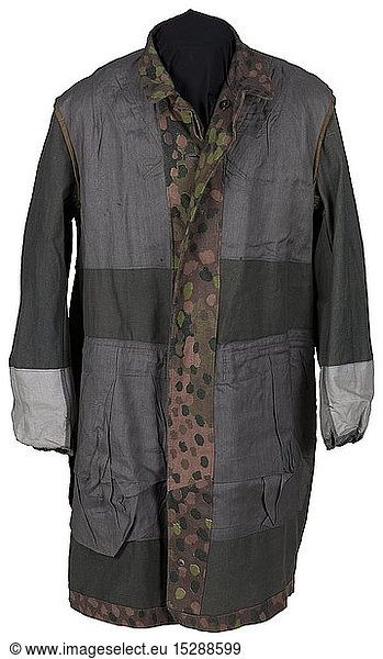 An SS paratrooper's smock  pea-dot camouflage pattern Cotton cloth production circa 1944  imprinted with 'Erbstarn' (pea-dot) camouflage pattern. Covered button fly  Bakelite buttons  zippers  sleeves with Prym push buttons  stitched-on pistol holster. Correct style SS eagle  factory-applied. Grey-green inner liner size stamped I. Original piece  one of the rarest SS camouflage uniform items. USA-Los historic  historical  20th century  1930s  1940s  Waffen-SS  armed division of the SS  armed service  armed services  NS  National Socialism  Nazism  Third Reich  German Reich  Germany  military  militaria  utensil  piece of equipment  utensils  object  objects  stills  clipping  clippings  cut out  cut-out  cut-outs  fascism  fascistic  National Socialist  Nazi  Nazi period