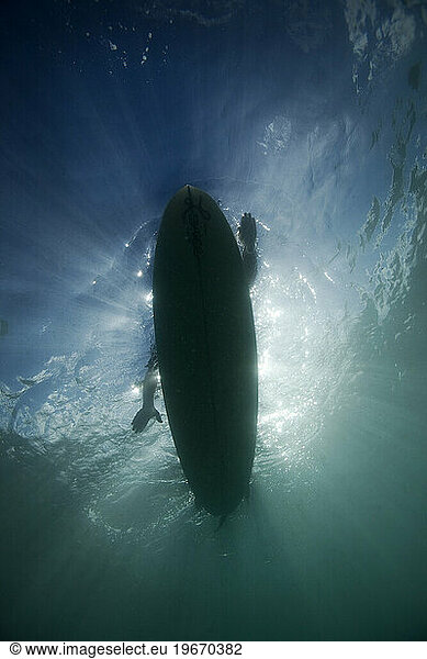 an underwater silhouette of a surfer paddling his surfboard