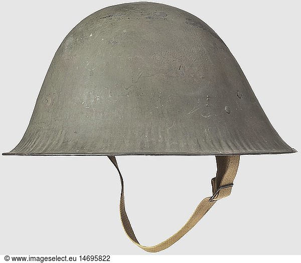 An US-American M 1918 steel helmet  the so-called 'Liberty Bell' Olive-coloured lacquerd iron shell and set borders  leather inner ring (size stamp '6 7/8') with net liner  black lacquered linen sweat band and sand-coloured  woven chin strap  historic  historical  1910s  20th century  USA  United States of America  American  object  objects  stills  clipping  clippings  cut out  cut-out  cut-outs  helmet  helmets  headpiece  headpieces  headgear  headgears  protection  protective  utensil  piece of equipment  utensils  uniform  uniforms