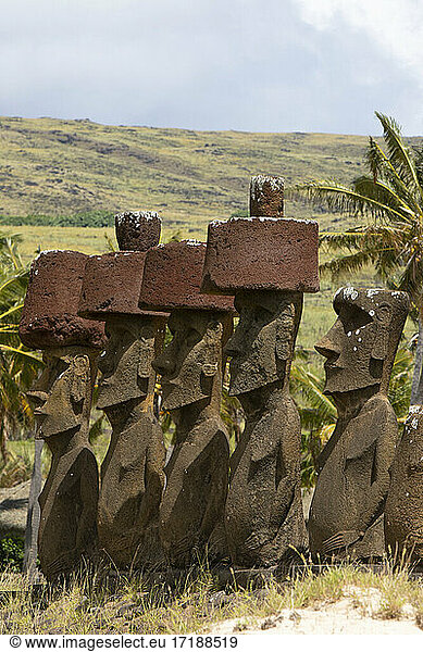 Anakena, 7 Moa? including 4 with headdress (Pukao), Rapa Nui, Easter Island, Chile