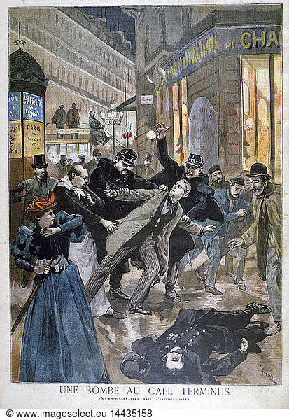 Anarchist bomb explosion in a Paris cafe: Police arresting the bomber who has also shot a policeman while trying to escape. From "Le Petit Journal"  Paris  26 February 1894. France  Terrorist  Outrage