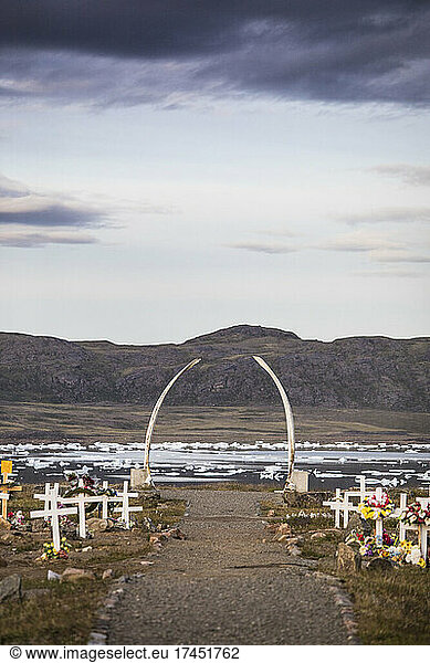 Ancestral cemetery with whale bones  crosses  Iqaluit  Baffin Island.