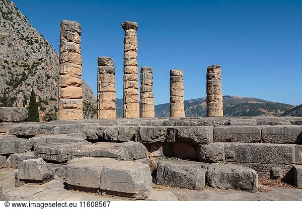 Ancient Delphi  Phocis  Greece. Remains of the Temple of Apollo. Today's visible ruins date from the 4th century BC  but the original structure has been dated back to the 7th century BC.