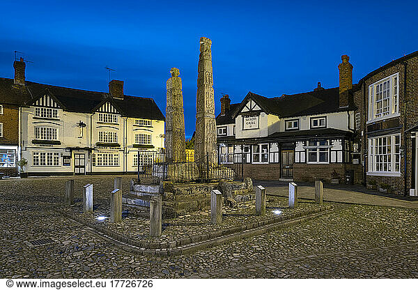 Ancient Saxon Crosses in the Market Place at night  Sandbach  Cheshire  England  United Kingdom  Europe