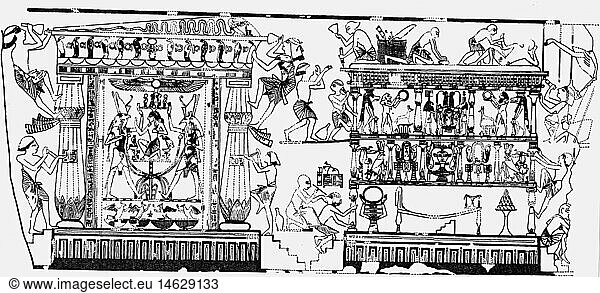ancient world  Egypt  handcraft  sculptors  shop  drawing after wallpainting in a tomb  Thebes  18th dynasty  circa 1550 - 1070 BC  people  professions  craftsmen  artists  artis  sculptor  sculpture  New Kingdom  antiquity  historic  historical  ancient world