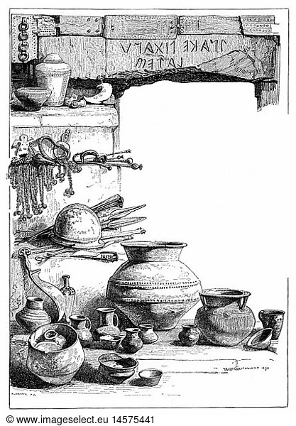 ancient world  Etruscans  stone with inscription  jewellery  weapons  pottery vessels  found in Tyrol  wood engraving  by Hugo Charlemont  1890